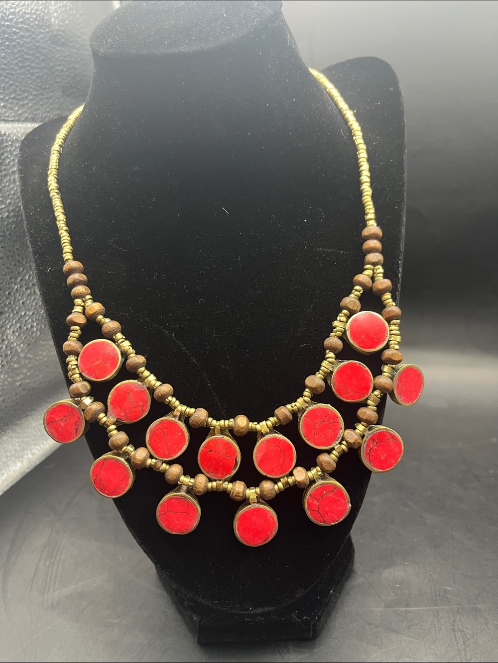 Afghan Necklace Red enamel Stones Tassels, wood beads- statement